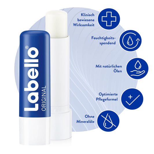 Labello Original Lippenpflegestift Doppelpack, hochwirksame Lippenpflege mit Sheabutter, Vitaminen und natürlichen Ölen, Lippenbalsam für mehr als 24h Feuchtigkeit (2x 4,8 g)