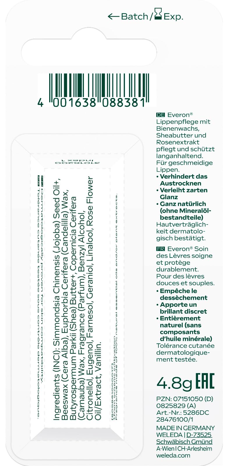 WELEDA Bio Everon Lippenpflege - Naturkosmetik Pflege Lippenbalsam mit natürlichem LSF 4 UV Schutz. Nachhaltiger Lippenstift mit Sheabutter, Jojobaöl & Bienenwachs für trockene Lippen (1x 4,8g)