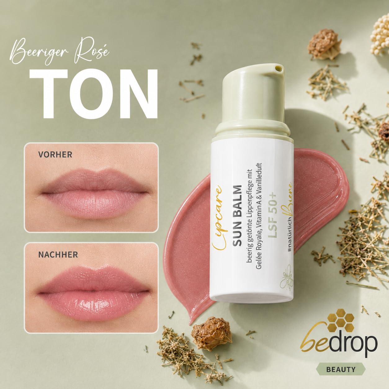 bedrop Sun Balm LSF 50+ | getönte Lippenpflege mit Gelée Royale, Manuka & zartem Vanilleduft - Sonnenschutz mit SPF gegen Sonnenschäden
