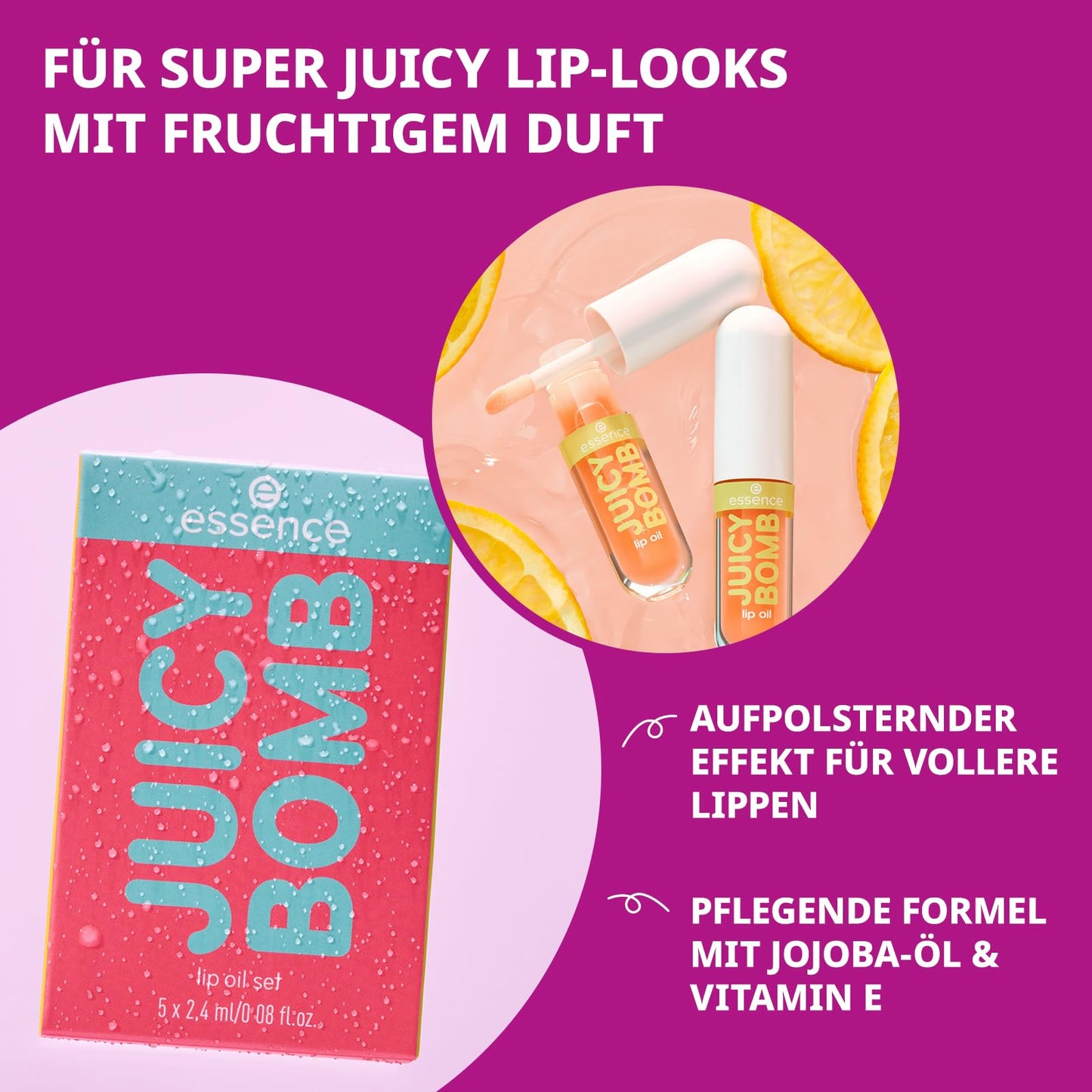 essence JUICY BOMB lip oil set 01 – Pflegendes Lippenöl-Set mit fruchtigem Duft – Ultra-shiny Finish mit Vitamin E & Jojoba-Öl – Vegane Kosmetik – 5 x 2,4 ml
