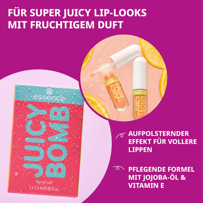 essence JUICY BOMB lip oil set 01 – Pflegendes Lippenöl-Set mit fruchtigem Duft – Ultra-shiny Finish mit Vitamin E & Jojoba-Öl – Vegane Kosmetik – 5 x 2,4 ml