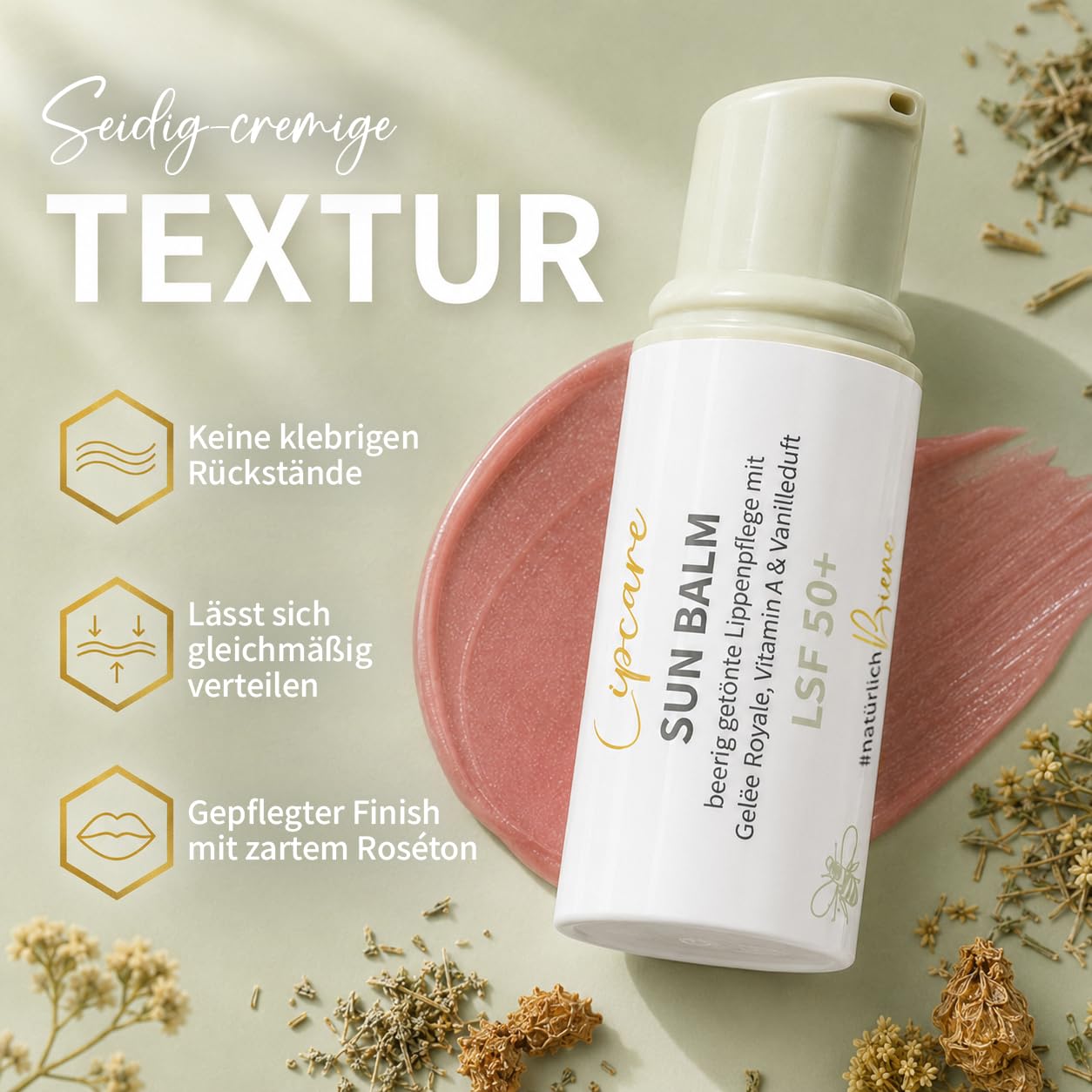 bedrop Sun Balm LSF 50+ | getönte Lippenpflege mit Gelée Royale, Manuka & zartem Vanilleduft - Sonnenschutz mit SPF gegen Sonnenschäden