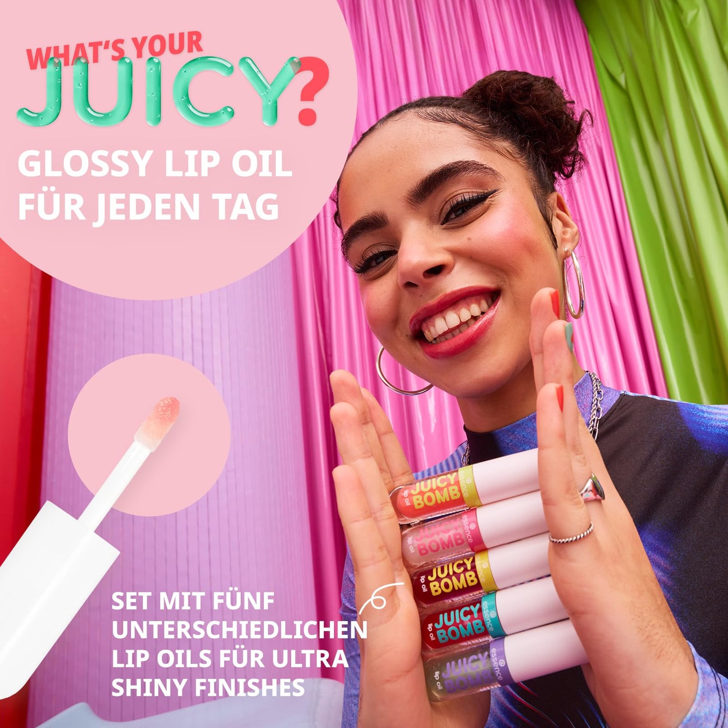 essence JUICY BOMB lip oil set 01 – Pflegendes Lippenöl-Set mit fruchtigem Duft – Ultra-shiny Finish mit Vitamin E & Jojoba-Öl – Vegane Kosmetik – 5 x 2,4 ml