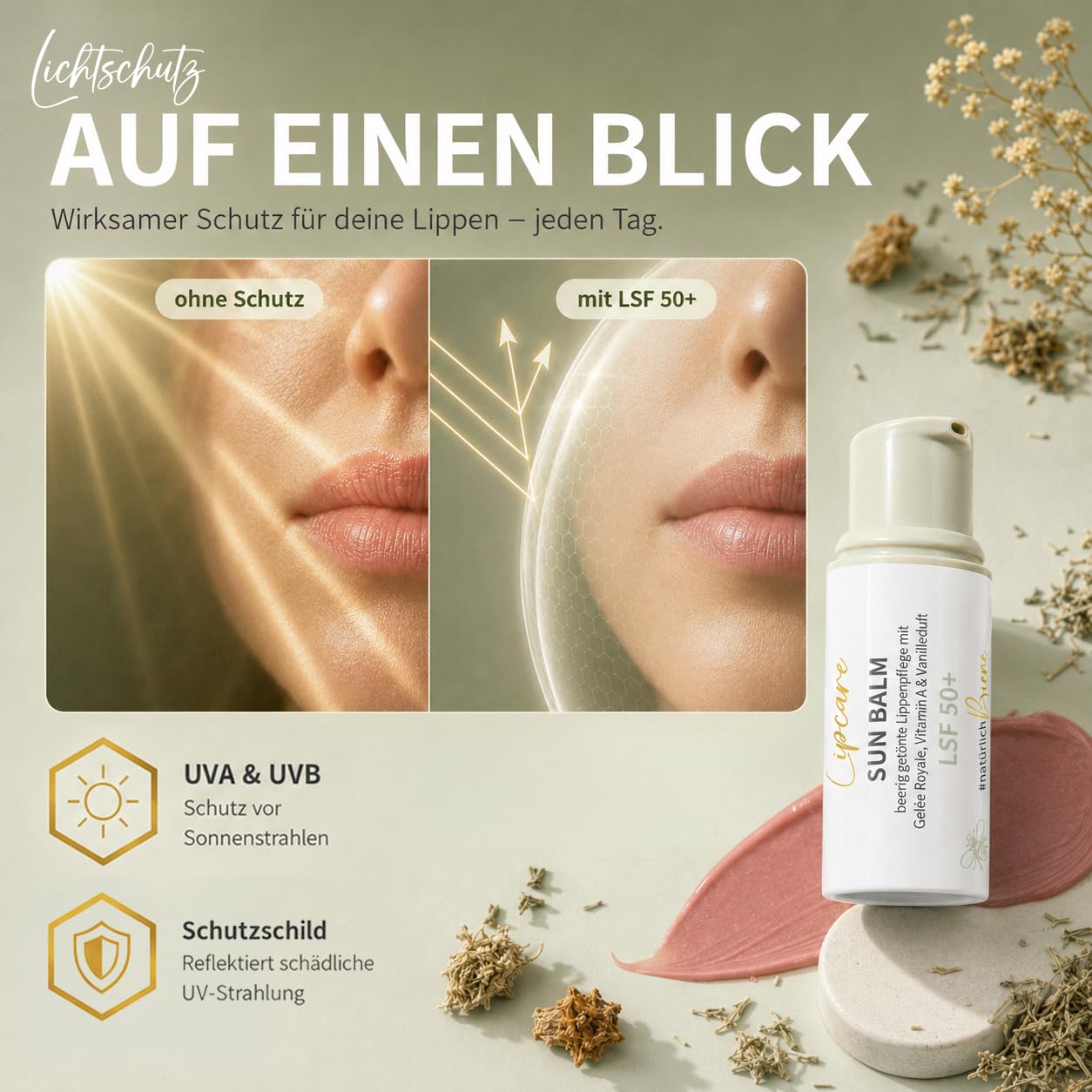 bedrop Sun Balm LSF 50+ | getönte Lippenpflege mit Gelée Royale, Manuka & zartem Vanilleduft - Sonnenschutz mit SPF gegen Sonnenschäden