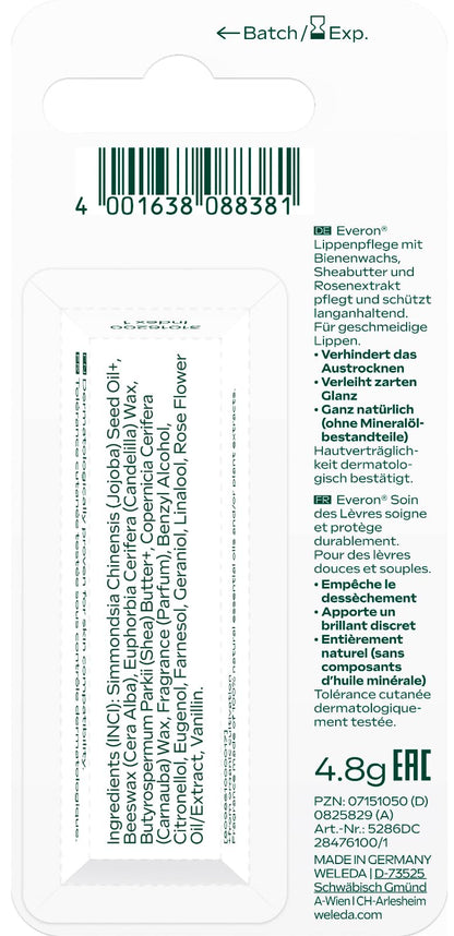 WELEDA Bio Everon Lippenpflege - Naturkosmetik Pflege Lippenbalsam mit natürlichem LSF 4 UV Schutz. Nachhaltiger Lippenstift mit Sheabutter, Jojobaöl & Bienenwachs für trockene Lippen (1x 4,8g)