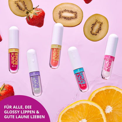 essence JUICY BOMB lip oil set 01 – Pflegendes Lippenöl-Set mit fruchtigem Duft – Ultra-shiny Finish mit Vitamin E & Jojoba-Öl – Vegane Kosmetik – 5 x 2,4 ml