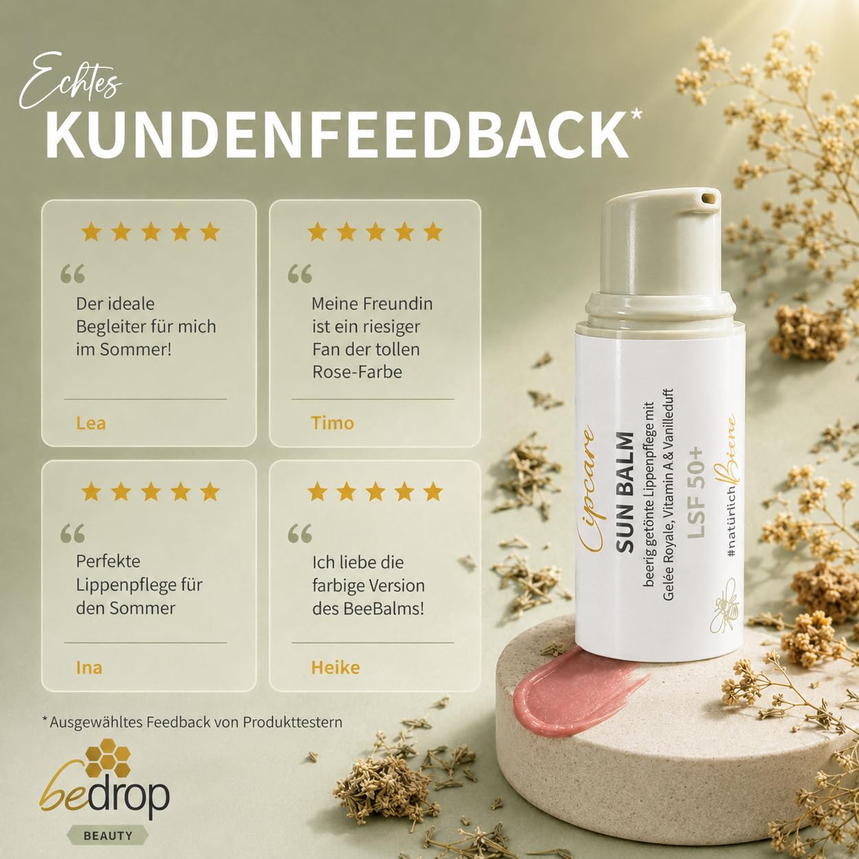 bedrop Sun Balm LSF 50+ | getönte Lippenpflege mit Gelée Royale, Manuka & zartem Vanilleduft - Sonnenschutz mit SPF gegen Sonnenschäden