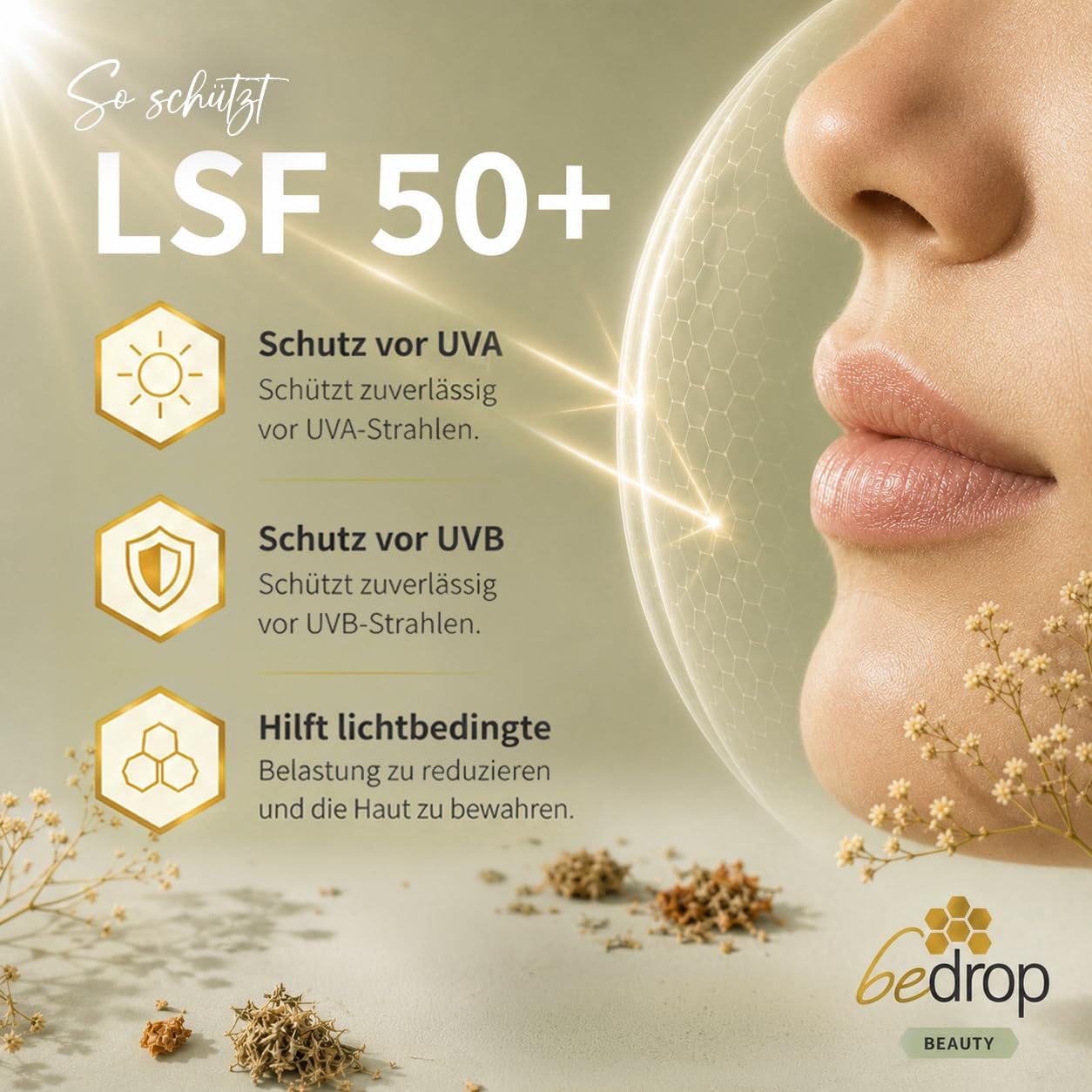 bedrop Sun Balm LSF 50+ | getönte Lippenpflege mit Gelée Royale, Manuka & zartem Vanilleduft - Sonnenschutz mit SPF gegen Sonnenschäden