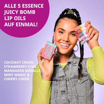 essence JUICY BOMB lip oil set 01 – Pflegendes Lippenöl-Set mit fruchtigem Duft – Ultra-shiny Finish mit Vitamin E & Jojoba-Öl – Vegane Kosmetik – 5 x 2,4 ml